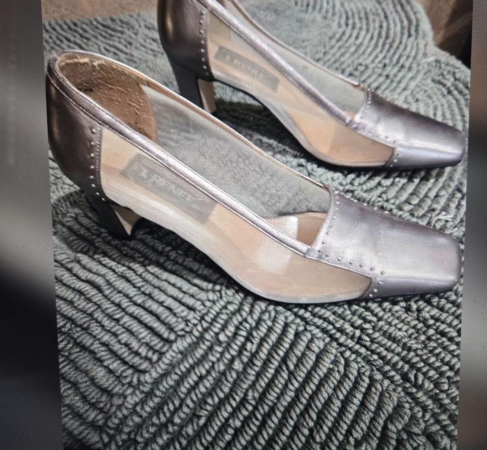 J.Renee Silver Mid-Heel Pumps with Mesh Insets